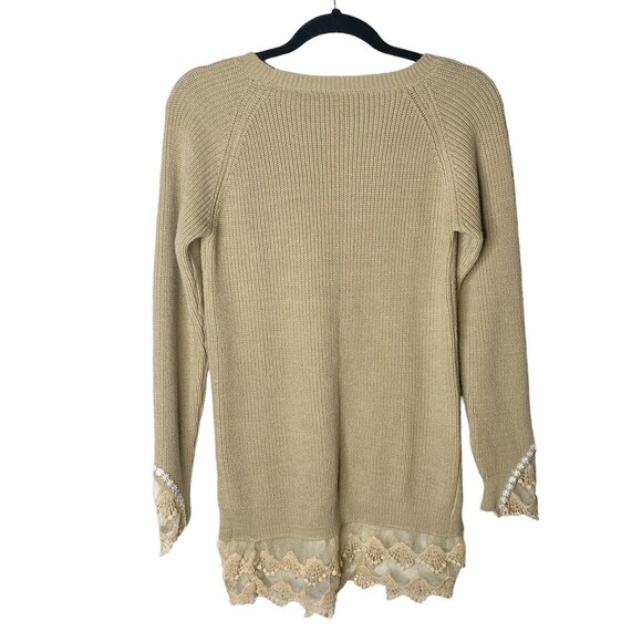 Womans Knit Tunic Lace Crochet Ruffle Hem Beige Sweater SZ ? M Embroidered Boho - Picture 4 of 11